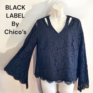 Chico's Black Label Black Floral Lace Sheer Bell Sleeve Dressy Boho Blouse Top